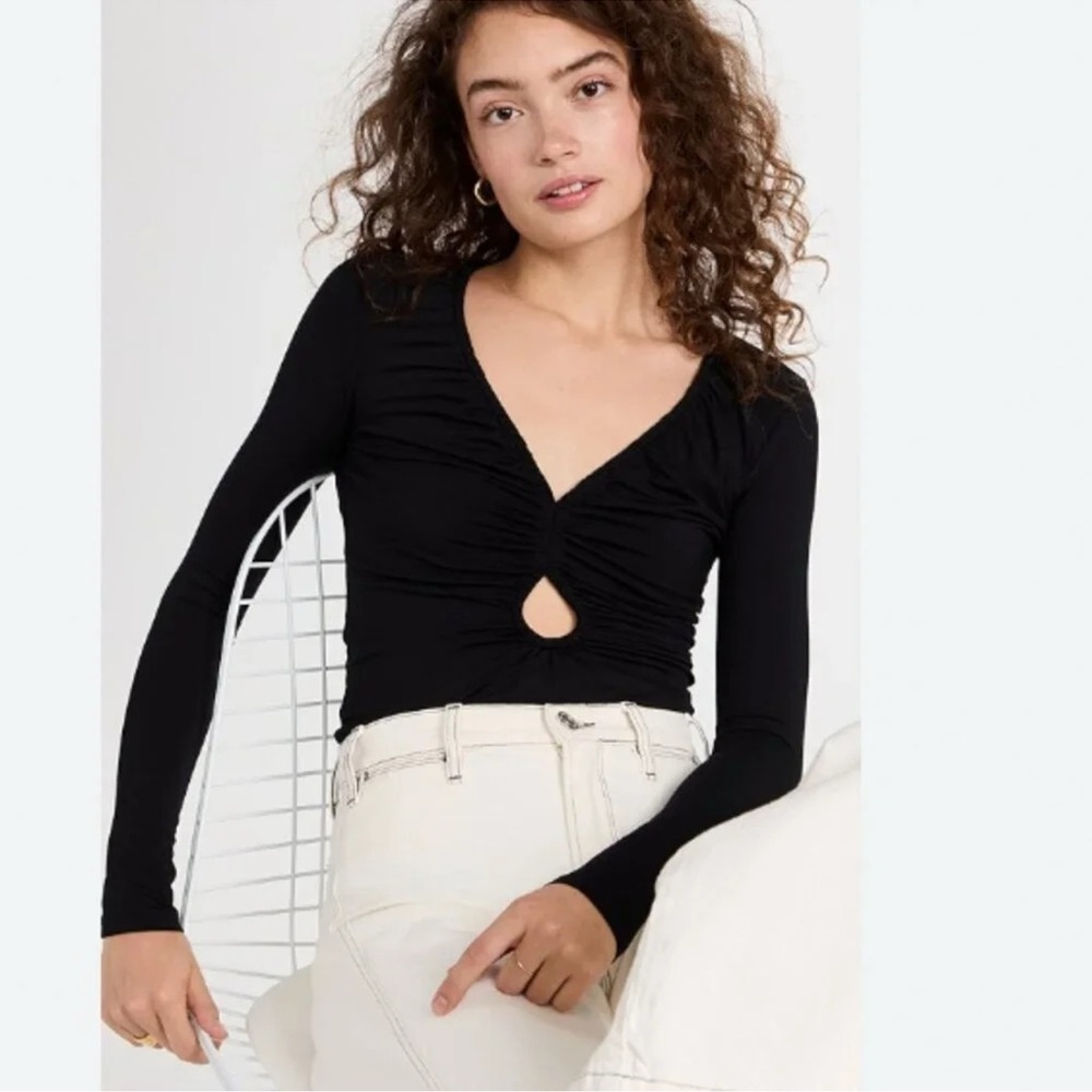 FRAME Black Ruched‎ Cut-Out Long Sleeve V-Neck Keyhole Top XS